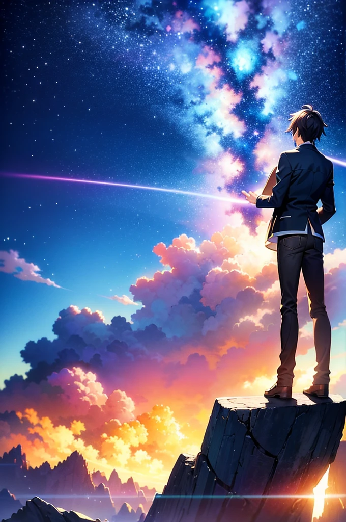 anime scenery of a woman and man standing on a rock looking at the sky, cosmic skies. by makoto shinkai, makoto shinkai cyril rolando, beautiful anime scene, anime sky, anime art wallpaper 4 k, anime art wallpaper 4k, anime art wallpaper 8 k, anime beautiful peace scene, in style of makoto shinkai, 4k anime wallpaper
