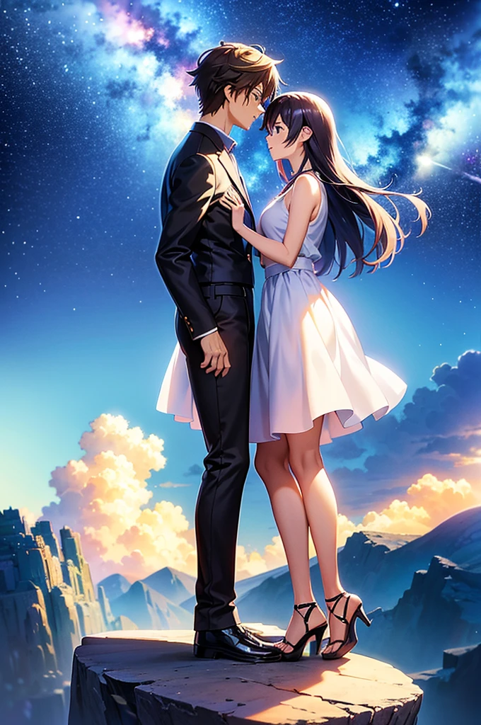 anime scenery of a woman and man standing on a rock looking at the sky, cosmic skies. by makoto shinkai, makoto shinkai cyril rolando, beautiful anime scene, anime sky, anime art wallpaper 4 k, anime art wallpaper 4k, anime art wallpaper 8 k, anime beautiful peace scene, in style of makoto shinkai, 4k anime wallpaper