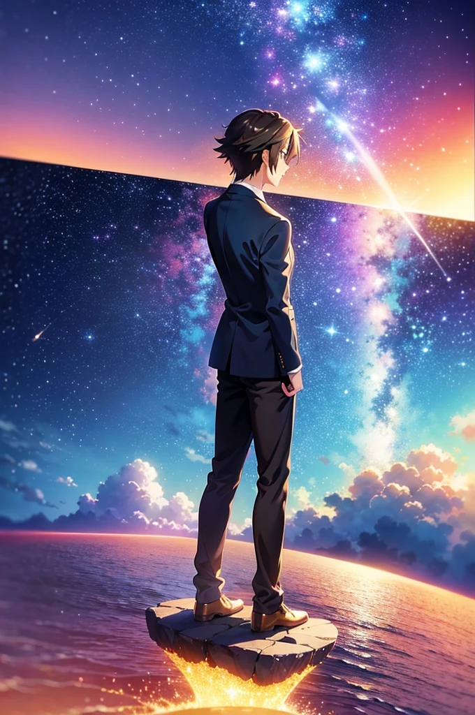 anime scenery of a woman and man standing on a rock looking at the sky, cosmic skies. by makoto shinkai, makoto shinkai cyril rolando, beautiful anime scene, anime sky, anime art wallpaper 4 k, anime art wallpaper 4k, anime art wallpaper 8 k, anime beautiful peace scene, in style of makoto shinkai, 4k anime wallpaper
