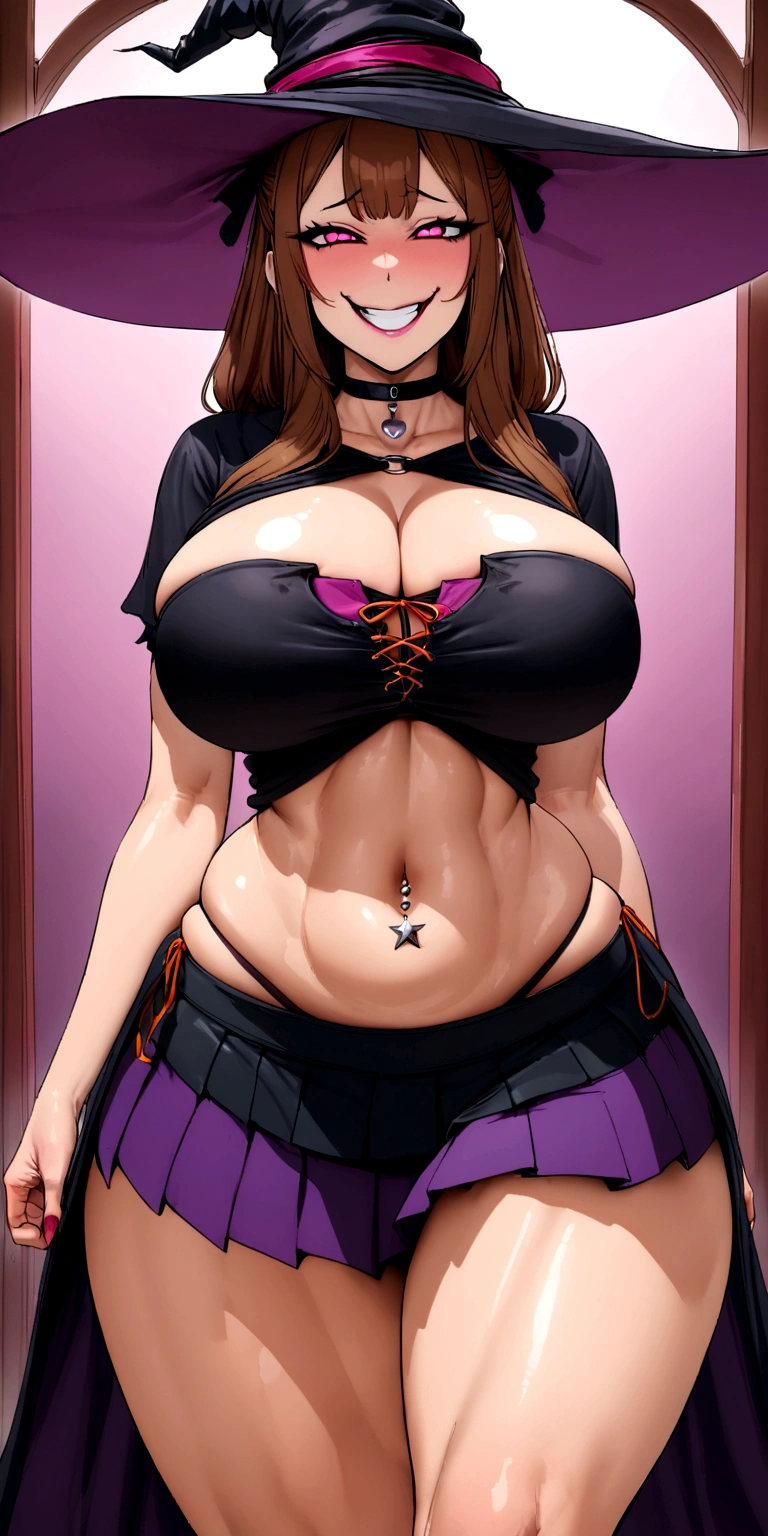 big lips, Brown hair, pink eyes, japanese face, improve, improve grin, two sides up, huge breasts, Wide hips, sexy, detailed, pink room, Hits, (evil smile1.4), kawaii, pleated skirt, halloween, GOOD, witch costume, witch skirt, witch shirt, choker, witch skirt, witch shirt, navel piercing,halloween, Witch hat