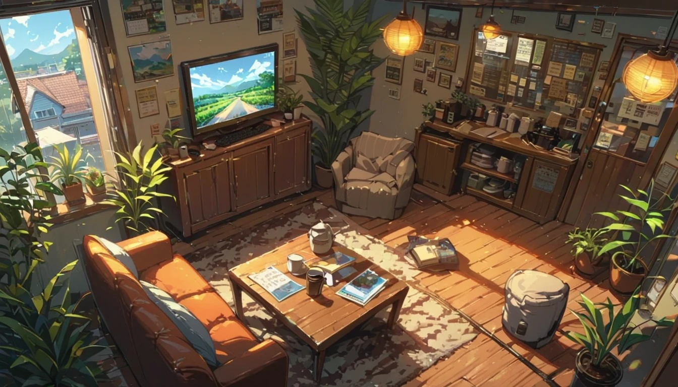 ((anime:1.4,illustration)),(masterpiece, top quality, best quality),(ultra-detailed, absolutely resolution),((16k, high res)), (((cafe, house plant, morning sky, book, coffee table, sofa)) ((cozy lofi illustration:1.4)), ((anime:1.4, illustration)),(masterpiece, top quality, best quality),(ultra-detailed, absolutely resolution),((16k, high res)) BREAK {lofi art, style of Laurie Greasley, style of Makoto Shinkai, anime aesthetic}, BREAK { (produces images with information than 40 million pixels with cinematic-like detailed textures shot on a Sony SLR).}
