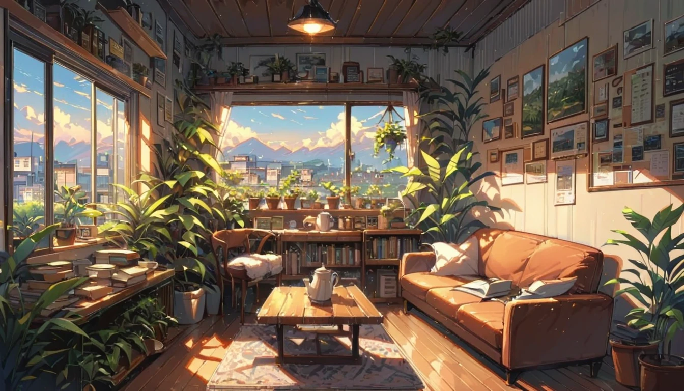 ((anime:1.4,illustration)),(masterpiece, top quality, best quality),(ultra-detailed, absolutely resolution),((16k, high res)), (((cafe, house plant, morning sky, book, coffee table, sofa)) ((cozy lofi illustration:1.4)), ((anime:1.4, illustration)),(masterpiece, top quality, best quality),(ultra-detailed, absolutely resolution),((16k, high res)) BREAK {lofi art, style of Laurie Greasley, style of Makoto Shinkai, anime aesthetic}, BREAK { (produces images with information than 40 million pixels with cinematic-like detailed textures shot on a Sony SLR).}
