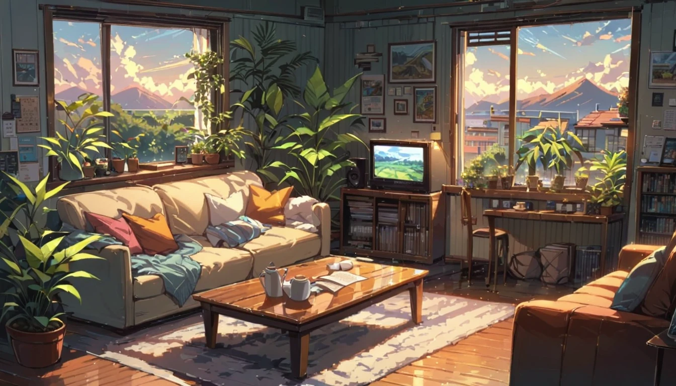((anime:1.4,illustration)),(masterpiece, top quality, best quality),(ultra-detailed, absolutely resolution),((16k, high res)), (((cafe, house plant, morning sky, book, coffee table, sofa)) ((cozy lofi illustration:1.4)), ((anime:1.4, illustration)),(masterpiece, top quality, best quality),(ultra-detailed, absolutely resolution),((16k, high res)) BREAK {lofi art, style of Laurie Greasley, style of Makoto Shinkai, anime aesthetic}, BREAK { (produces images with information than 40 million pixels with cinematic-like detailed textures shot on a Sony SLR).}
