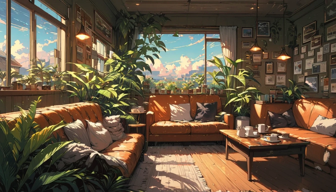 ((anime:1.4,illustration)),(masterpiece, top quality, best quality),(ultra-detailed, absolutely resolution),((16k, high res)), (((cafe, house plant, morning sky, book, coffee table, sofa)) ((cozy lofi illustration:1.4)), ((anime:1.4, illustration)),(masterpiece, top quality, best quality),(ultra-detailed, absolutely resolution),((16k, high res)) BREAK {lofi art, style of Laurie Greasley, style of Makoto Shinkai, anime aesthetic}, BREAK { (produces images with information than 40 million pixels with cinematic-like detailed textures shot on a Sony SLR).}