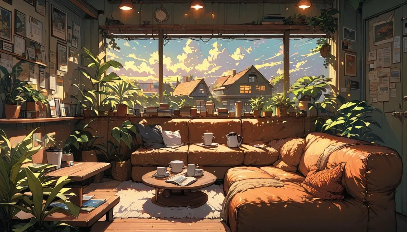 ((anime:1.4,illustration)),(masterpiece, top quality, best quality),(ultra-detailed, absolutely resolution),((16k, high res)), (((cafe, house plant, morning sky, book, coffee table, sofa)) ((cozy lofi illustration:1.4)), ((anime:1.4, illustration)),(masterpiece, top quality, best quality),(ultra-detailed, absolutely resolution),((16k, high res)) BREAK {lofi art, style of Laurie Greasley, style of Makoto Shinkai, anime aesthetic}, BREAK { (produces images with information than 40 million pixels with cinematic-like detailed textures shot on a Sony SLR).}
