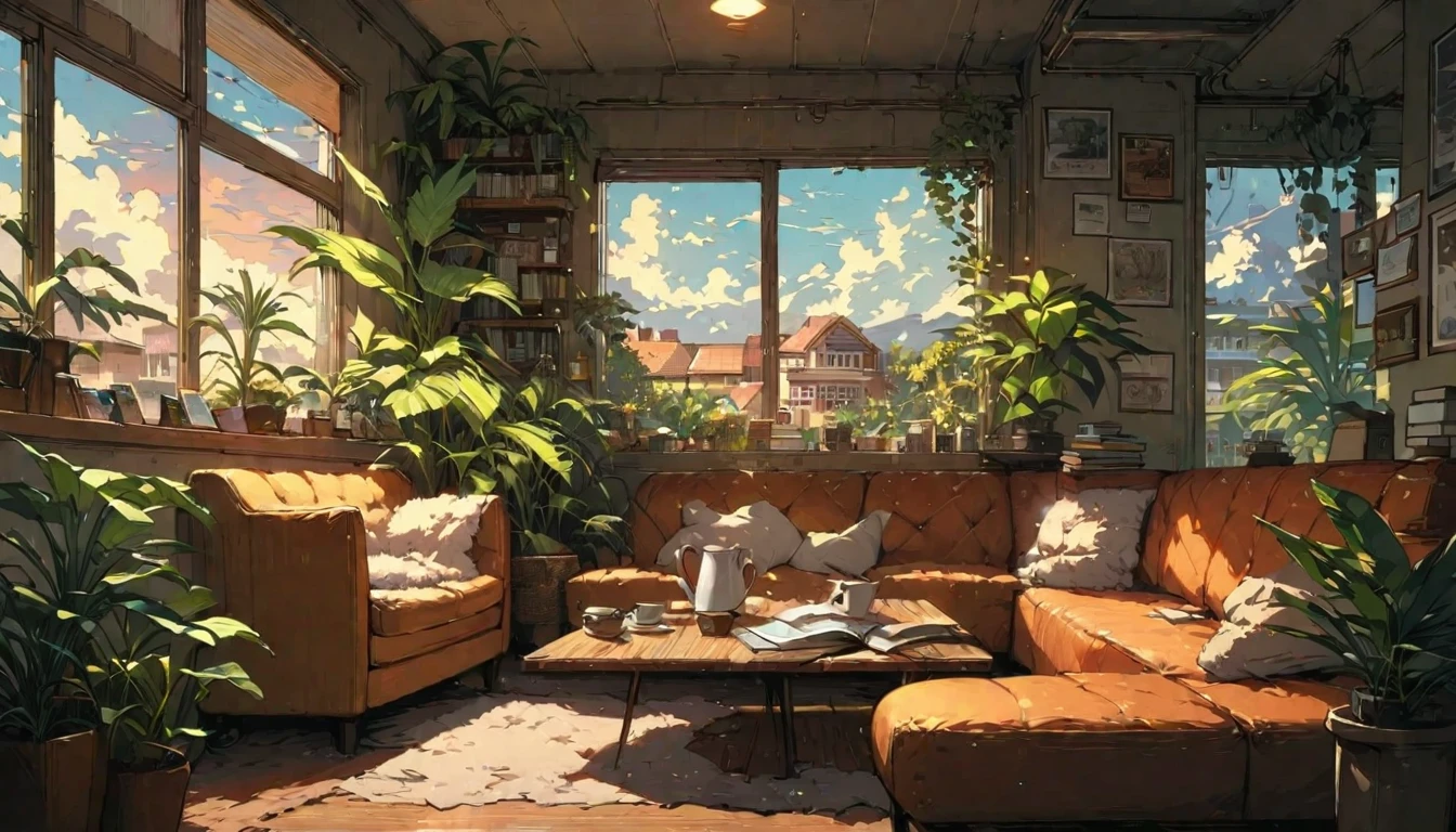 ((anime:1.4,illustration)),(masterpiece, top quality, best quality),(ultra-detailed, absolutely resolution),((16k, high res)), (((cafe, house plant, morning sky, book, coffee table, sofa)) ((cozy lofi illustration:1.4)), ((anime:1.4, illustration)),(masterpiece, top quality, best quality),(ultra-detailed, absolutely resolution),((16k, high res)) BREAK {lofi art, style of Laurie Greasley, style of Makoto Shinkai, anime aesthetic}, BREAK { (produces images with information than 40 million pixels with cinematic-like detailed textures shot on a Sony SLR).}
