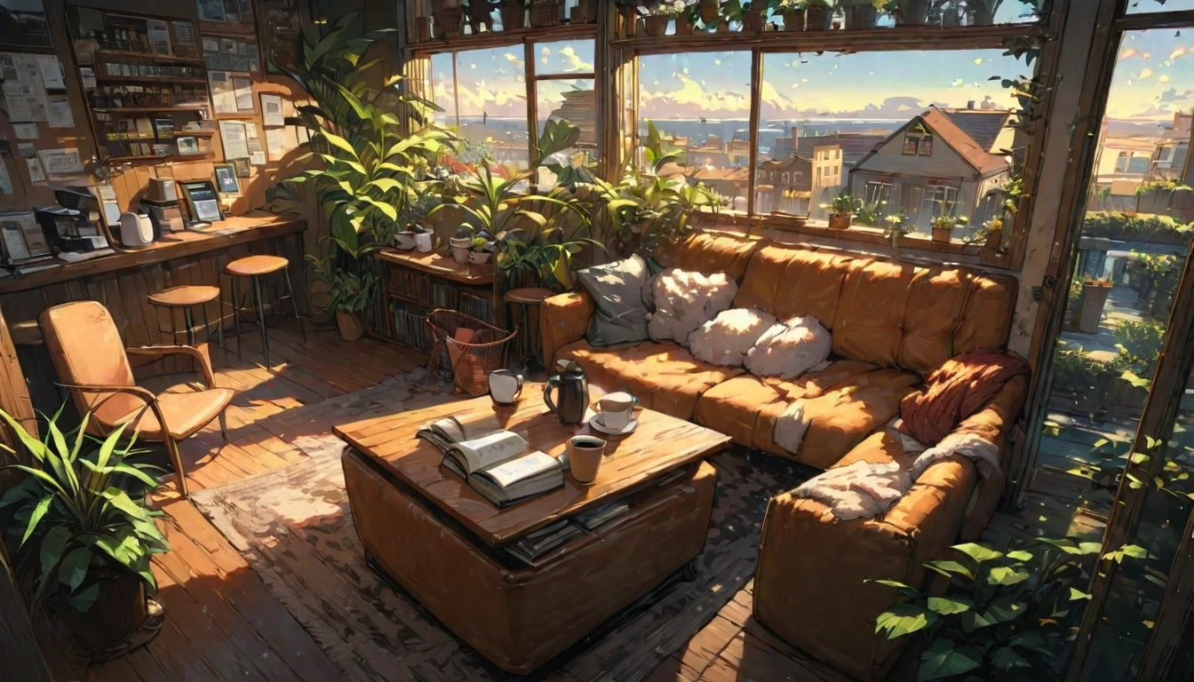 ((anime:1.4,illustration)),(masterpiece, top quality, best quality),(ultra-detailed, absolutely resolution),((16k, high res)), (((cafe, house plant, morning sky, book, coffee table, sofa)) ((cozy lofi illustration:1.4)), ((anime:1.4, illustration)),(masterpiece, top quality, best quality),(ultra-detailed, absolutely resolution),((16k, high res)) BREAK {lofi art, style of Laurie Greasley, style of Makoto Shinkai, anime aesthetic}, BREAK { (produces images with information than 40 million pixels with cinematic-like detailed textures shot on a Sony SLR).}