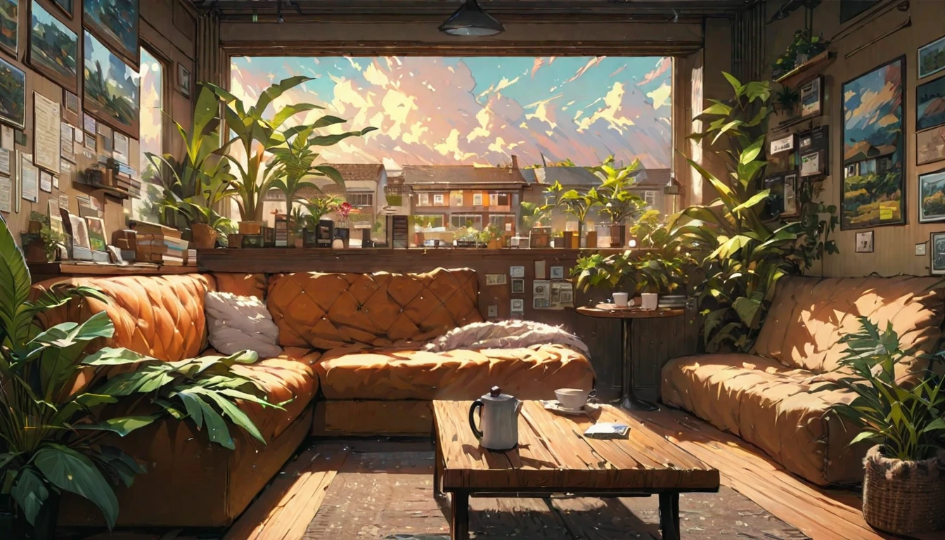 ((anime:1.4,illustration)),(masterpiece, top quality, best quality),(ultra-detailed, absolutely resolution),((16k, high res)), (((cafe, house plant, morning sky, book, coffee table, sofa)) ((cozy lofi illustration:1.4)), ((anime:1.4, illustration)),(masterpiece, top quality, best quality),(ultra-detailed, absolutely resolution),((16k, high res)) BREAK {lofi art, style of Laurie Greasley, style of Makoto Shinkai, anime aesthetic}, BREAK { (produces images with information than 40 million pixels with cinematic-like detailed textures shot on a Sony SLR).}
