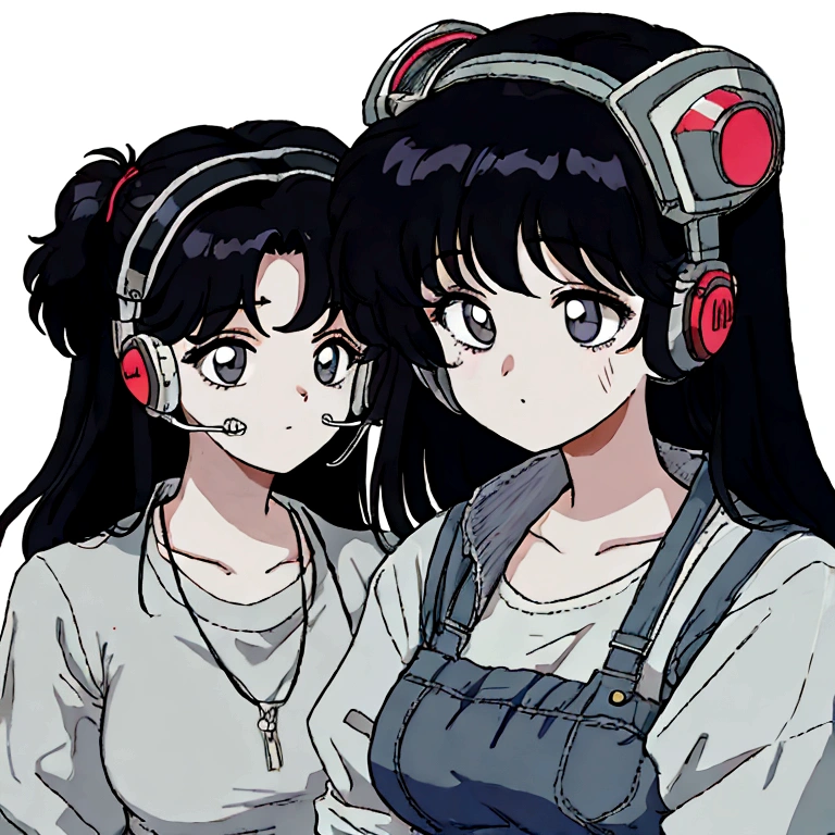 An anime girl with an expression of exhaustion and tiredness, in the 80s style using a telemarketing headset