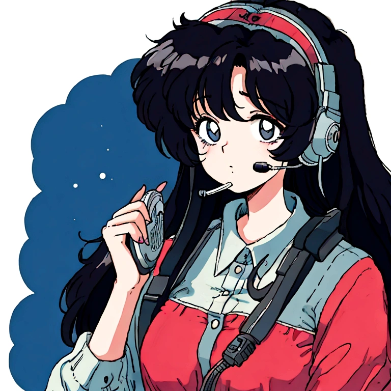 An anime girl with an expression of exhaustion and tiredness, in the 80s style using a telemarketing headset