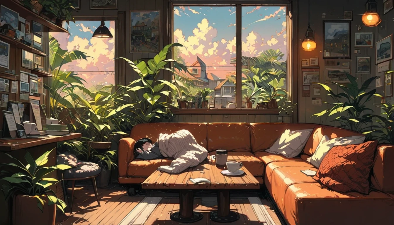 ((anime:1.4,illustration)),(masterpiece, top quality, best quality),(ultra-detailed, absolutely resolution),((16k, high res)), (((cafe, house plant, morning sky, book, coffee table, sofa)) ((cozy lofi illustration:1.4)), ((anime:1.4, illustration)),(masterpiece, top quality, best quality),(ultra-detailed, absolutely resolution),((16k, high res)) BREAK {lofi art, style of Laurie Greasley, style of Makoto Shinkai, anime aesthetic}, BREAK { (produces images with information than 40 million pixels with cinematic-like detailed textures shot on a Sony SLR).}