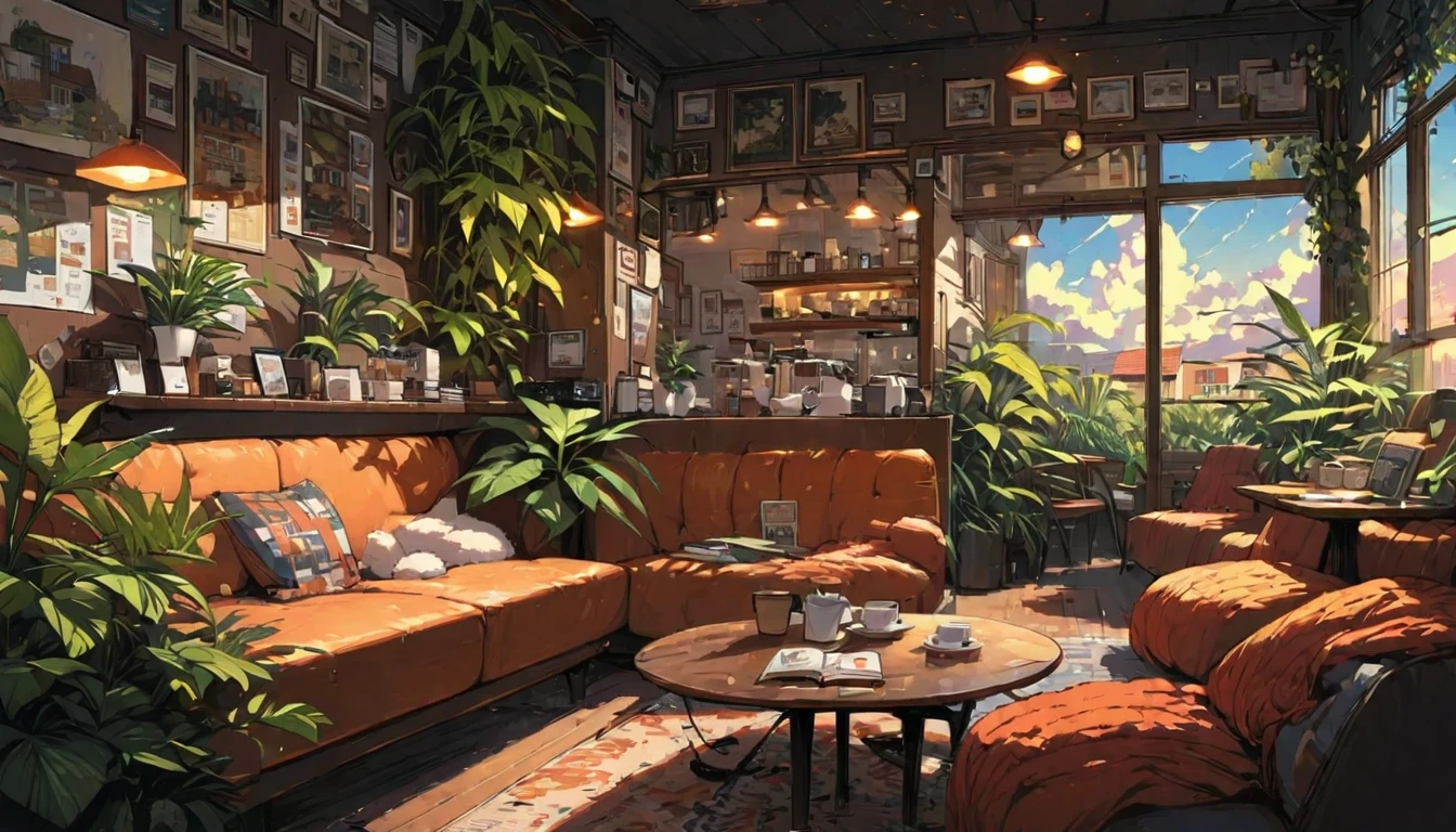 ((anime:1.4,illustration)),(masterpiece, top quality, best quality),(ultra-detailed, absolutely resolution),((16k, high res)), (((cafe, house plant, morning sky, book, coffee table, sofa)) ((cozy lofi illustration:1.4)), ((anime:1.4, illustration)),(masterpiece, top quality, best quality),(ultra-detailed, absolutely resolution),((16k, high res)) BREAK {lofi art, style of Laurie Greasley, style of Makoto Shinkai, anime aesthetic}, BREAK { (produces images with information than 40 million pixels with cinematic-like detailed textures shot on a Sony SLR).}
