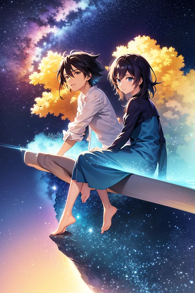 anime scenery of a woman and man standing on a rock looking at the sky, cosmic skies. by makoto shinkai, makoto shinkai cyril rolando, beautiful anime scene, anime sky, anime art wallpaper 4 k, anime art wallpaper 4k, anime art wallpaper 8 k, anime beautiful peace scene, in style of makoto shinkai, 4k anime wallpaper