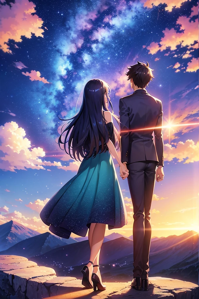 anime scenery of a woman and man standing on a rock looking at the sky, cosmic skies. by makoto shinkai, makoto shinkai cyril rolando, beautiful anime scene, anime sky, anime art wallpaper 4 k, anime art wallpaper 4k, anime art wallpaper 8 k, anime beautiful peace scene, in style of makoto shinkai, 4k anime wallpaper
