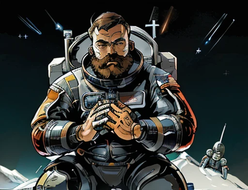  (((Bearded, chubby astronaut with extremely thick thighs is kneeling with his hand on his chest feeling a lot of pain))), icy mountains snowy place, the Astronaut using binoculars to observe( frontal image) Holding a pair of binoculars. dynamic photography.oogando down, fainting from pain, (((in front of the astronaut there are 2 robots on the left and right side they have a right hand Pointed at the Expectant Protecting the astronaut))) , he wears full space astronaut uniform.