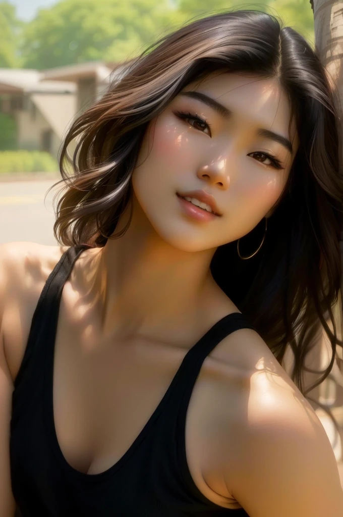 araffe with long hair and a black tank top standing next to a tree, beautiful young asian woman, a young asian woman, gorgeous young korean woman, young asian woman, beautiful asian woman, she is wearing a black tank top, beautiful young korean woman, beautiful asian girl, young asian girl, an asian woman, beautiful south korean woman, asian woman