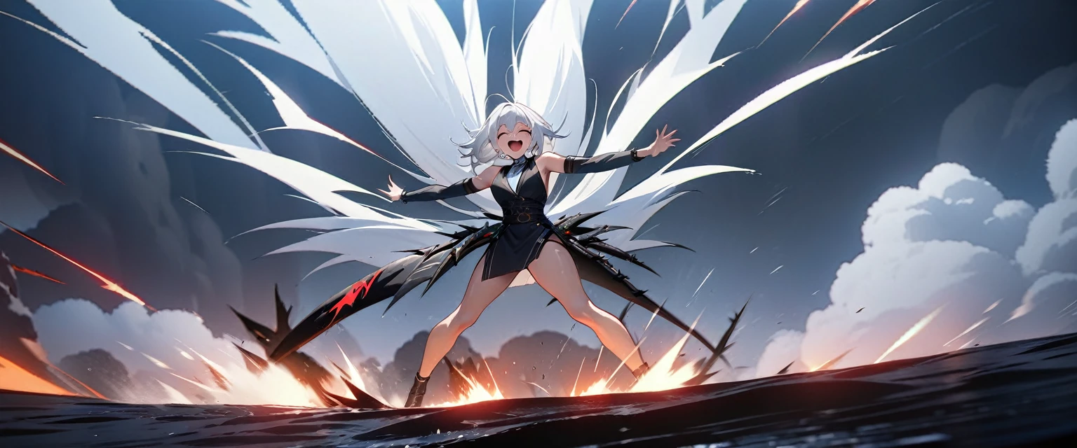 (((masterpiece,Highest quality))),(((Animated goddess of vengeance raging in the air with her silver hair standing on end))),Laughing like crazy in the storm,Arms and legs spread,(high quality),アニメ