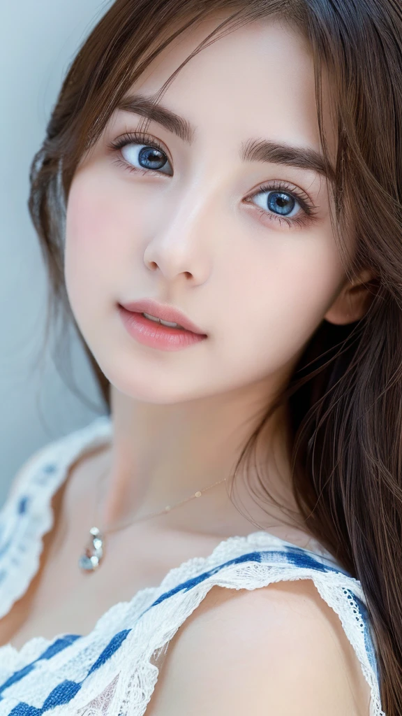 (((32k,high details,high detail、masterpiece,attention to detail,alone))),Raw photo & realistic atmosphere,beautiful dark blue eyes,detailed mouth,glossy lips,thin eyebrows,fine eyes、Soft white skin that shines in every detail、Her deep black eyes are very beautiful,lip details、very beautiful face,very well-shaped face、lifelike face,shining beautiful lips,beautiful eyebrows,infinite reality, Realistic young gravure idol,she'she'she'she's a very cute woman , young gravure idol, young gravure idol, Very beautiful and cute 1Beautiful girl 19 years old,incredibly beautiful and classy1Beautiful girl 19 years old,natural soft light,(shiny hair,,Beautiful and kind eyes:1.5),gentle smile,well-shaped chest,medium long hair,Ties hair into one,beautiful posture,no makeup,think ahead,