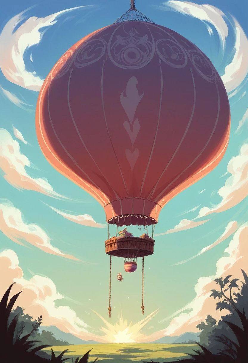 Create a sketch of a surreal hot air balloon in mid-explosion. The balloon should be bursting apart, releasing a cascade of unexpected and fantastical elements into the sky. Imagine creatures, plants, or abstract shapes emerging from the balloon's rupture, blending with the clouds and sunlight in a dreamlike scene