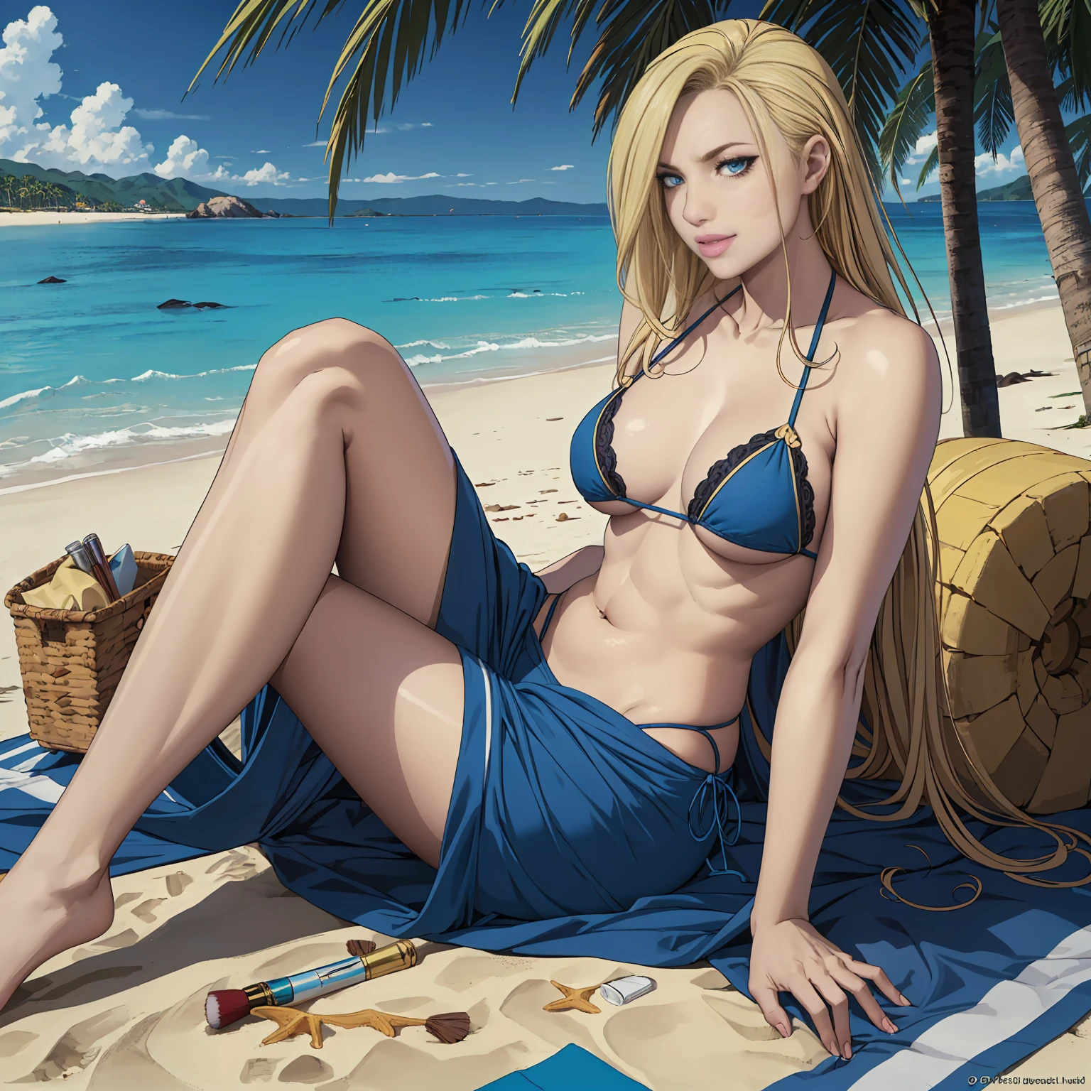 OMA, ((long blonde hair, bng, glowing blue eyes, lipstick,full lips, makeup, narrow waist, skinny, medium breasts, alone)), pelvic curtain, ((blue bikini)), full body, perfect body, (insanely detailed, beautiful detailed face, masterpiece, best quality) , (((solo))), (((1girl))), (((mature))), (extremely detailed 8k paper CG wall unit: 1.1), (beach, sand, ocean dusk), (smile face for the viewer), sitting Beach sarong