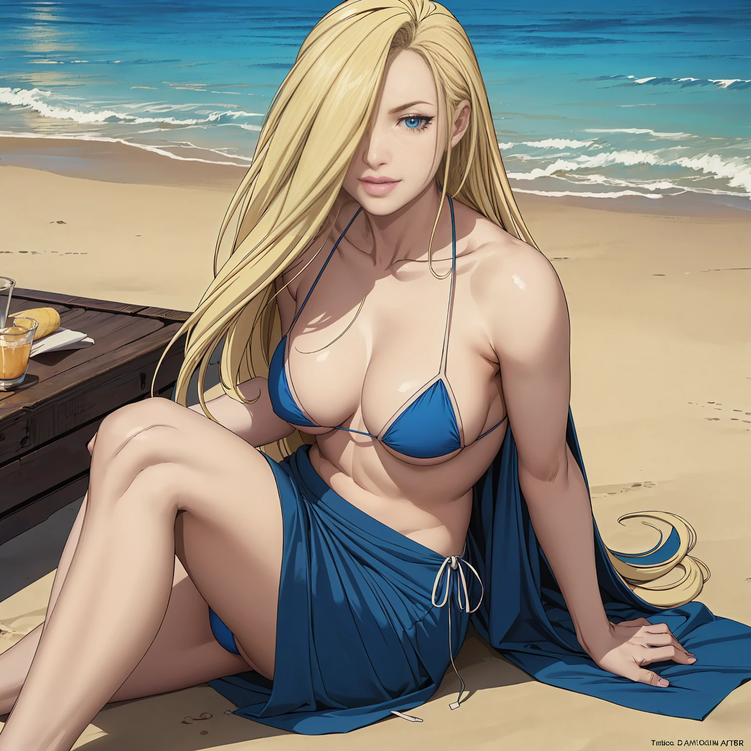 OMA, ((long blonde hair, bng, glowing blue eyes, lipstick,full lips, makeup, narrow waist, skinny, medium breasts, alone)), pelvic curtain, ((blue bikini)), full body, perfect body, (insanely detailed, beautiful detailed face, masterpiece, best quality) , (((solo))), (((1girl))), (((mature))), (extremely detailed 8k paper CG wall unit: 1.1), (beach, sand, ocean dusk), (smile face for the viewer), sitting Beach sarong