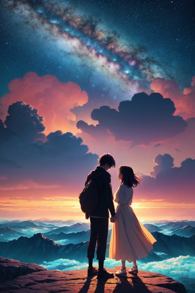 anime scenery of a woman and man standing on a rock looking at the sky, cosmic skies. by makoto shinkai, makoto shinkai cyril rolando, beautiful anime scene, anime sky, anime art wallpaper 4 k, anime art wallpaper 4k, anime art wallpaper 8 k, anime beautiful peace scene, in style of makoto shinkai, 4k anime wallpaper