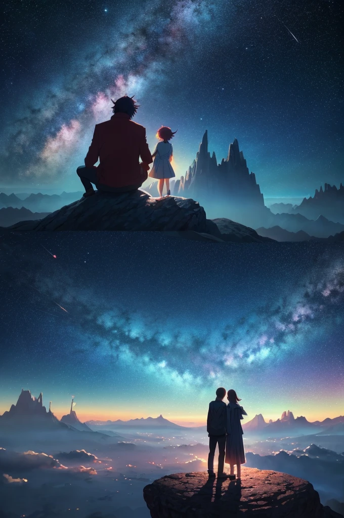 anime scenery of a woman and man standing on a rock looking at the sky, cosmic skies. by makoto shinkai, makoto shinkai cyril rolando, beautiful anime scene, anime sky, anime art wallpaper 4 k, anime art wallpaper 4k, anime art wallpaper 8 k, anime beautiful peace scene, in style of makoto shinkai, 4k anime wallpaper