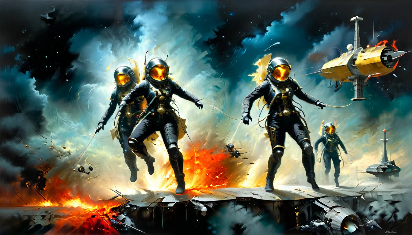 There are two female astronauts outside the International space Station. The station is orbiting an alien planet. The astronaut's costume is black and gold. A blazing galactic thunderstorm  hits the station.awful. It's scary. Dangerous. wide angle shot