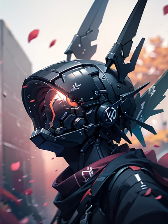 8K, highly detailed, high quality, anime style, game cg, male, solo, upper-body_portrait, (looking up:1.2), non human, robot, helmet, scarf, Techwear, Petals fluttering in the grassland