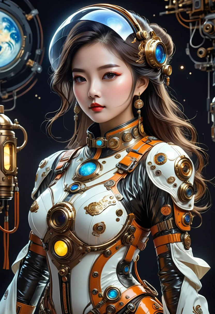 High quality detailed illustrations, Steampunk space suit, Exquisite and gorgeous Chinese-style space suit, Complex traditional Chinese design elements, High-tech future space suit, (best quality,4K,8K,high resolution,masterpiece:1.2),Extremely detailed,(Practical,photoPractical,photo-Practical:1.37),professional, Bright colors, Studio Lighting