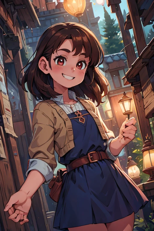 perfect face, perfect hands. A brown haired young witch with copper eyes in a navy is practicing magic at night with a smile