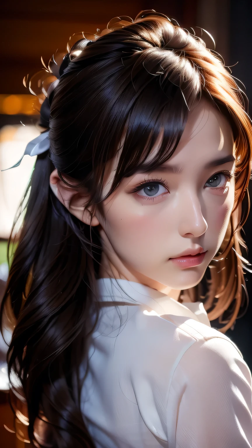 8k portrait of a beautiful dark-haired cyborg、Complex、elegant、Very detailed、Majestic、Digital photography、Art by artgerm, Ruan Jia and Greg Rutkowski、Surreal painting、(White shirt and ribbon tie、Black semi-tight skirt)、Front slit、Inside the cafe、(masterpiece、Side light、Beautiful eyes in every detail: 1.2) )、Hmph、masterpiece, 最high quality, high quality, High resolution, (Red ribbon in hair)
