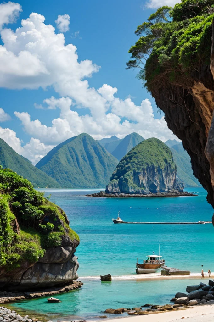 stone cave in front of the sea, in front of him is a rocky mountain, forest view,coconut tree,boat on sea water.