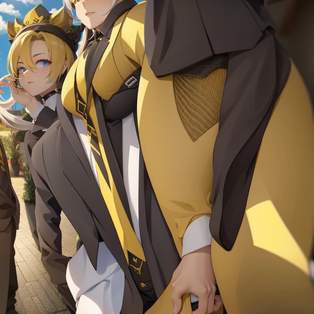 feminine, Kizi, fly away, sexly, yellow eyes, yellow hair, white suit, yellow tie, yellow crown