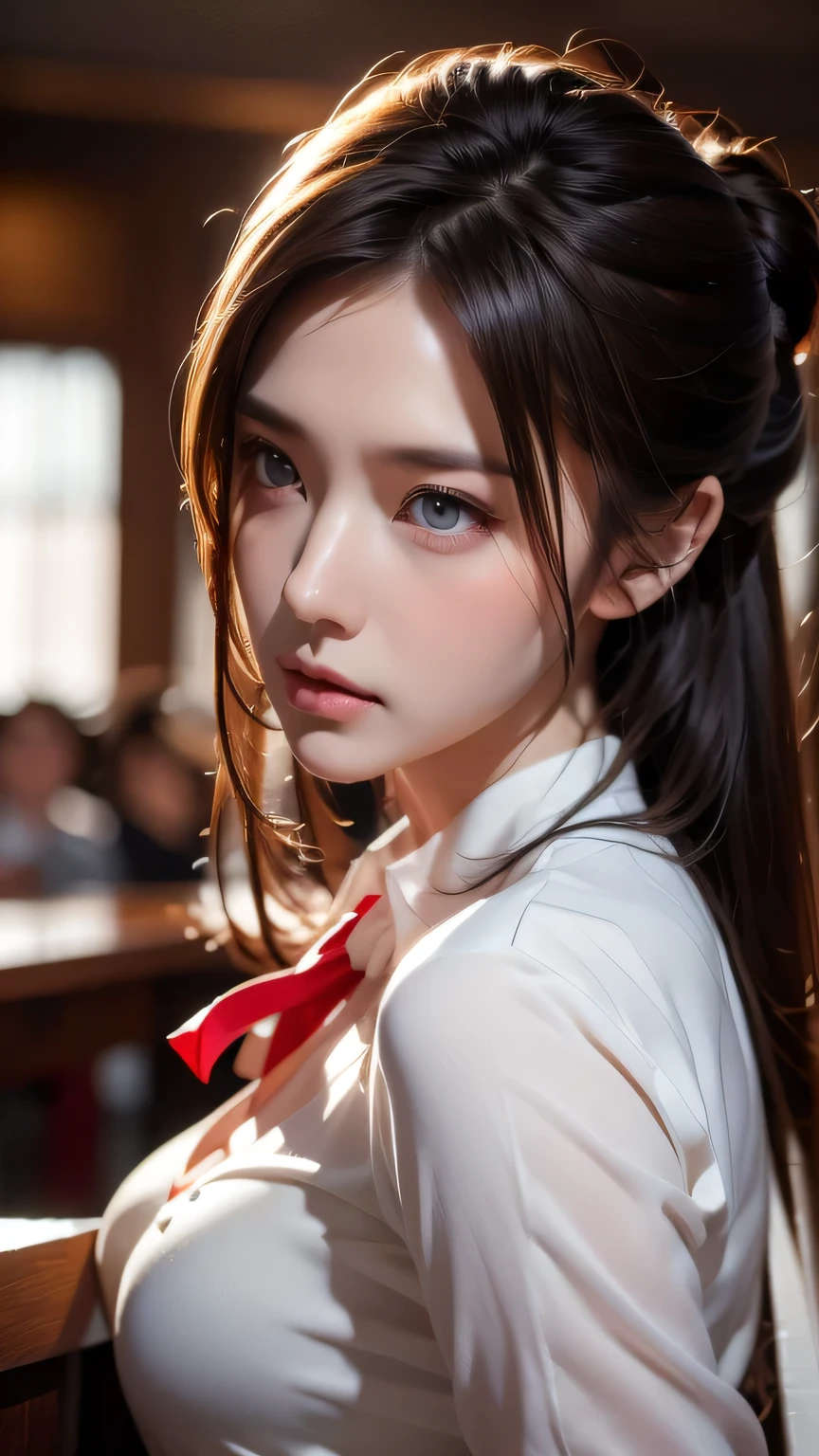 8k portrait of a beautiful dark-haired cyborg、Complex、elegant、Very detailed、Majestic、Digital photography、Art by artgerm, Ruan Jia and Greg Rutkowski、Surreal painting、(White shirt and ribbon tie、Black semi-tight skirt)、Front slit、Inside the cafe、(masterpiece、Side light、Beautiful eyes in every detail: 1.2) )、Hmph、masterpiece, 最high quality, high quality, High resolution, (Red ribbon in hair)