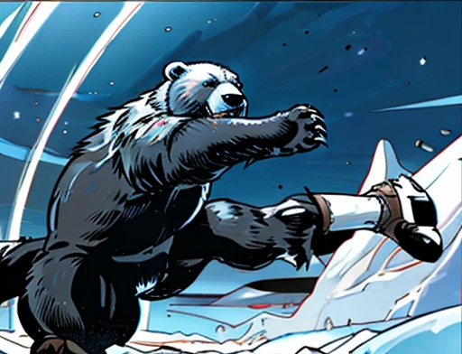 Bear attacks woman with a kick in the face , Female astronaut gets attacked in the face by polar bear , A frontal image of the moment of a polar bear attack on Expectador . The polar bear attacks the spectator with his binges, the bear is furious . Animal rage rage 