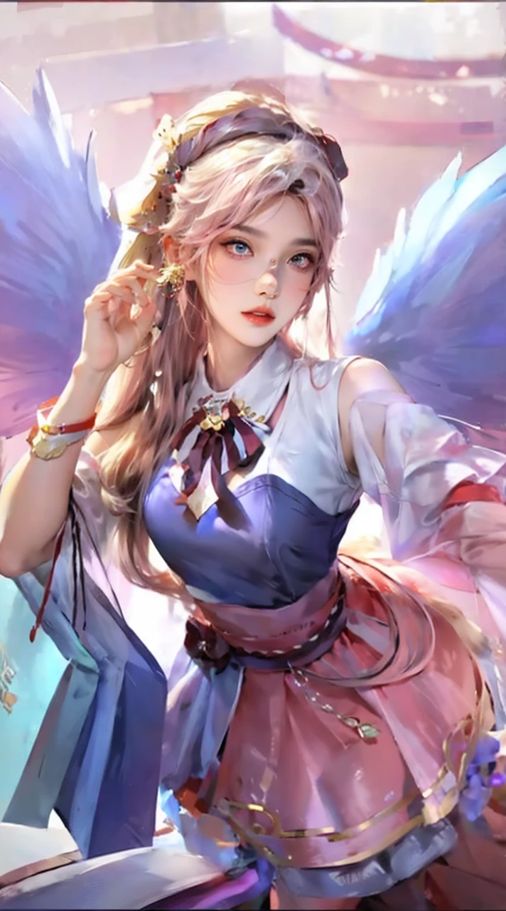 photorealistic, high resolution, 1 woman, white hair, hips up, yae miko, audult, detached sleeves, bare shoulders, pink hair, long hair, best quality, (hair ornament:1.35), jewelry, purple eyes, earrings,
