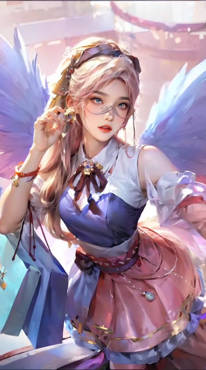 photorealistic, high resolution, 1 woman, white hair, hips up, yae miko, audult, detached sleeves, bare shoulders, pink hair, long hair, best quality, (hair ornament:1.35), jewelry, purple eyes, earrings,