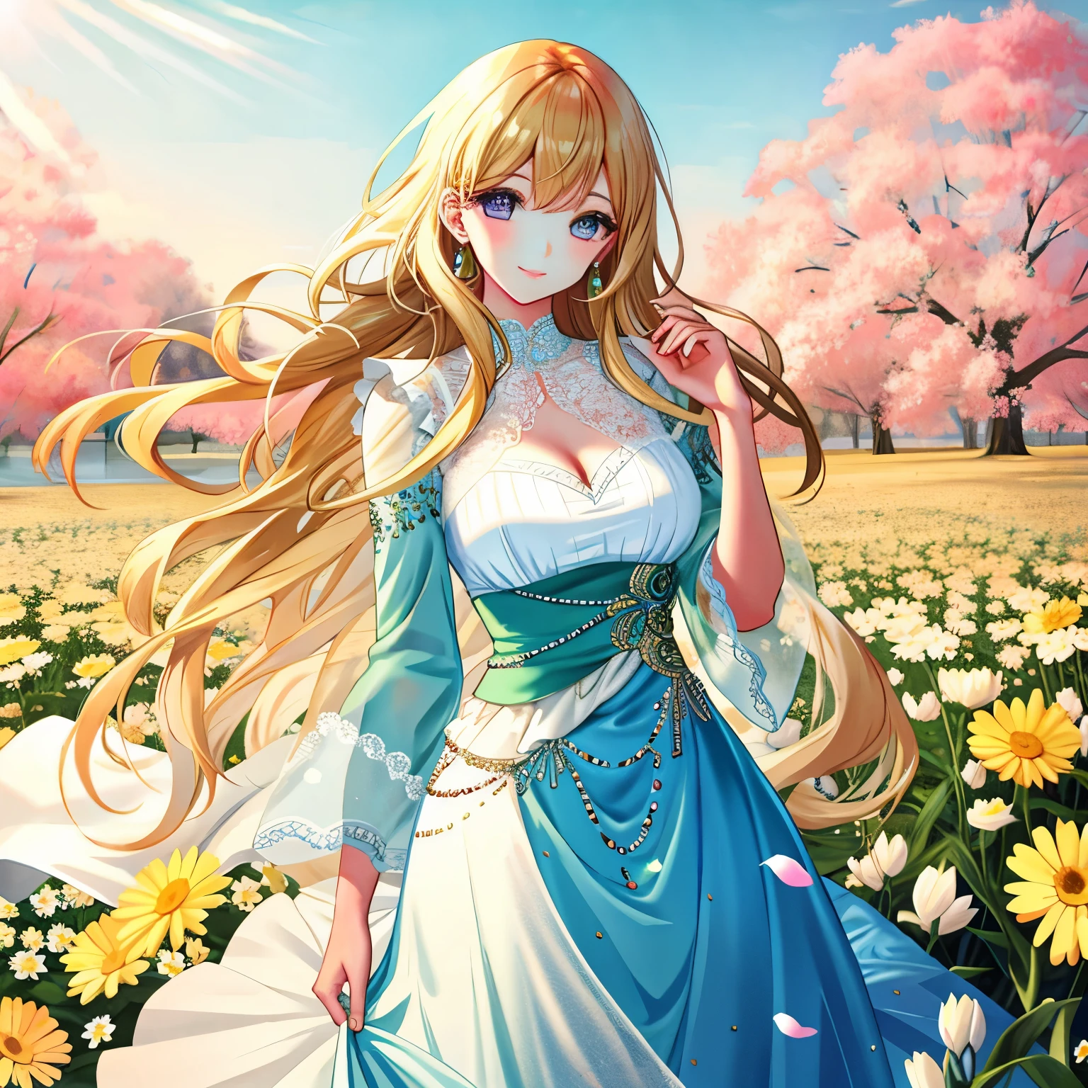 Illustration Enhancement: ((( "masterpiece, best quality" ))), ((( "ultra-detailed" ))), "super high resolution", ((( "Top Quality photorealistic Illustration" ))), ((( "Super Definition" ))), "cute illustration:1.3", "high Saturation:1.2", ((( "detailed beautiful face and eyes" ))), ((( "an extremely delicate and beautiful" ))), "nice hands, perfect hands", "appropriate posture", "appropriate configuration", "ideal ratio body proportions" BREAK
Theme: ((( "love fulfillment" ))), ((( "peace and tranquility" ))), "improvement of living standards", ((( "blessings and protection of prosperity" ))) BREAK
Number of Characters: "1 (ultra-ultimate beautiful female character)" BREAK
Facial Details: ((( "warm smile" ))), ((( "eyes conveying kindness" ))) BREAK
Movement Details: "hair gently swaying in a calm breeze" BREAK
Emotions and Expressions: ((( "expression giving a sense of happiness and security" ))) BREAK
Perspective: "slightly upward angle from the front" BREAK
Composition: "character centered, surrounded by elements symbolizing her happiness" BREAK
Background Details: ((( "flower field bathed in warm light" ))) BREAK
Costume Details: ((( "elegant and sophisticated dress" ))) BREAK
Body Type: "well-proportioned figure", "cleavage", "waistline", "feminine curves" BREAK
Wings, Horns, Tail: "none" BREAK
Hair Style and Color: ((( "long flowing blonde hair" ))) BREAK
Accessories: "charm bringing good fortune" BREAK
Light and Shadow: "soft light illuminating the character", "shadows gently highlighting her" BREAK
Colors: "gold", "blue", "green", "light blue", "yellow", "silver", "deep red", "pink", "wine red", "dark brown", "light purple" BREAK
Illustration Size: "768×768" BREAK
Illustration Atmosphere: "warm and hopeful" BREAK
Additional Details: "details on items and costume featuring motifs symbolizing happiness and prosperity" BREAK
Worldview: "an ideal world of happiness, different from reality" BREAK
Style: "realistic yet dreamlike fantasy style" BREAK
Power Words: