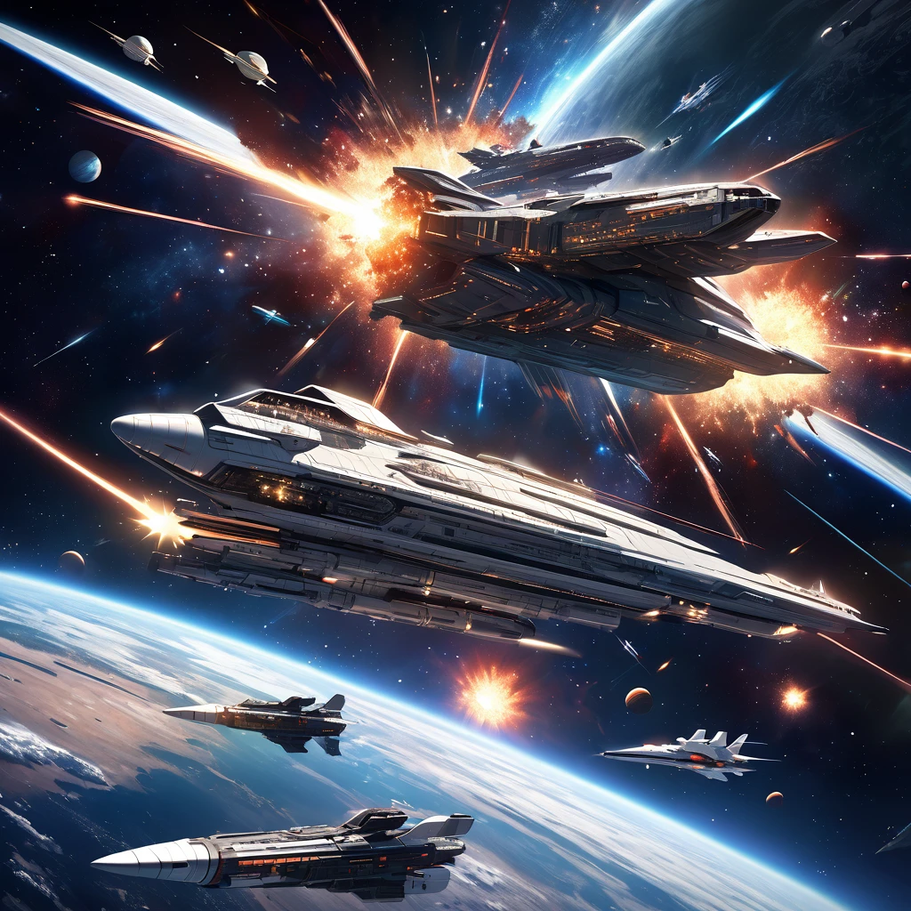 Realistic, super detailed, space, universe,Space war, astronomia, spaceship, space battleships, rail gun,Interstellar war, supernova explosion