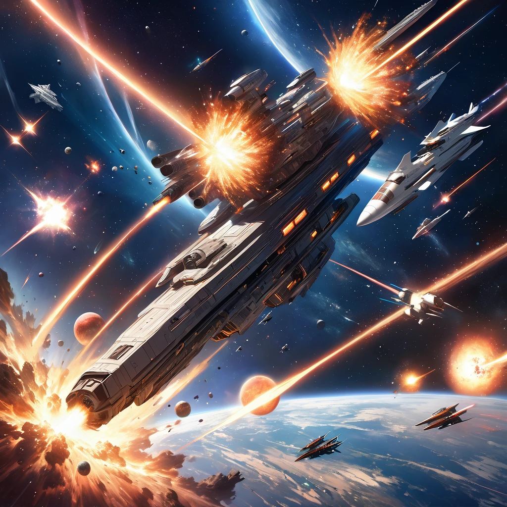 Realistic, super detailed, space, universe,Space war, astronomia, spaceship, space battleships, rail gun,Interstellar war, supernova explosion