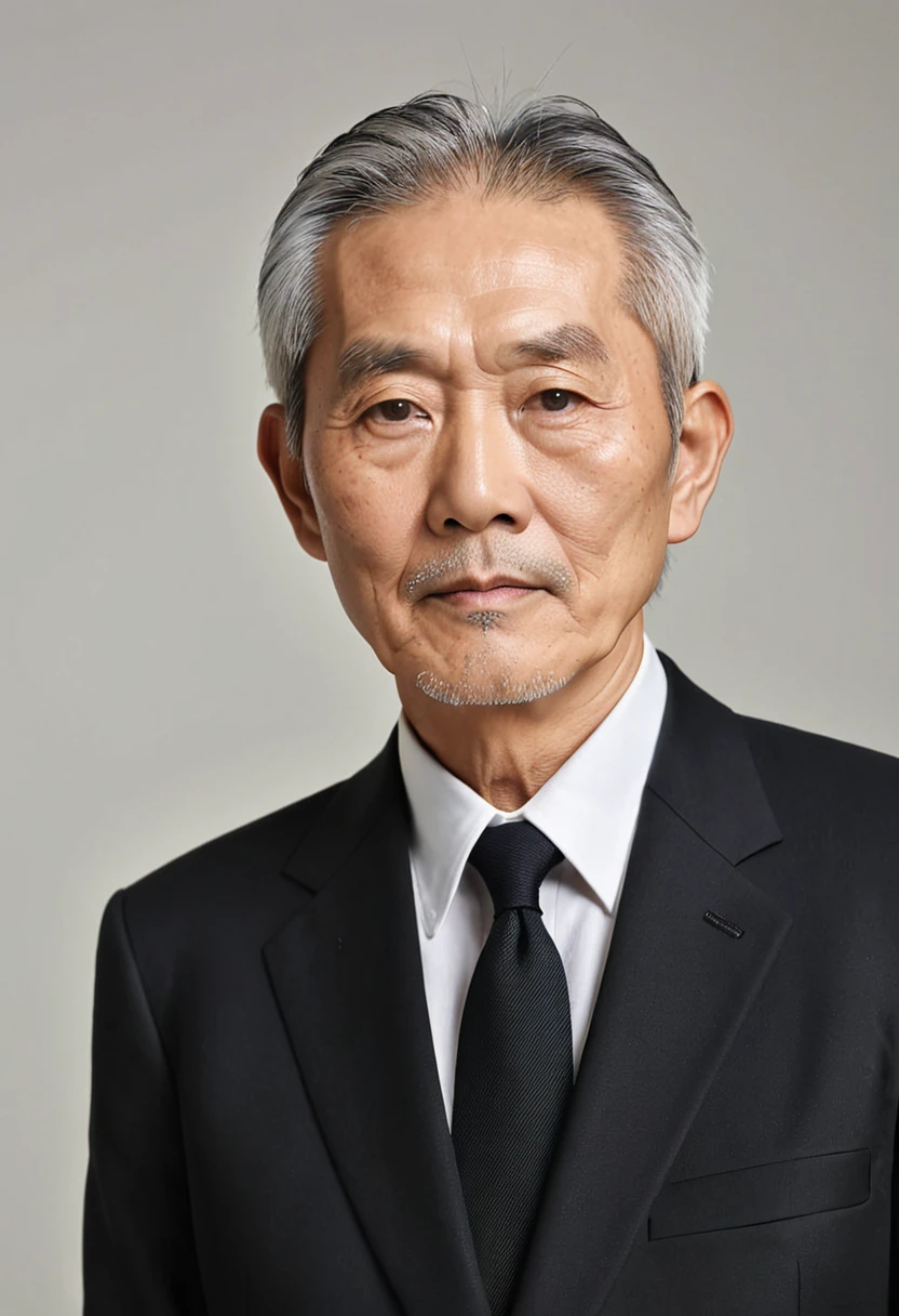 Create a realistic portrait of an older Japanese man with a calm and peaceful facial expression. He has short, clean-cut hair and is wearing a black suit jacket over a white shirt. The background should be simple and neutral so that the focus is on the man. The portrait should emphasize his wise and dignified appearance.