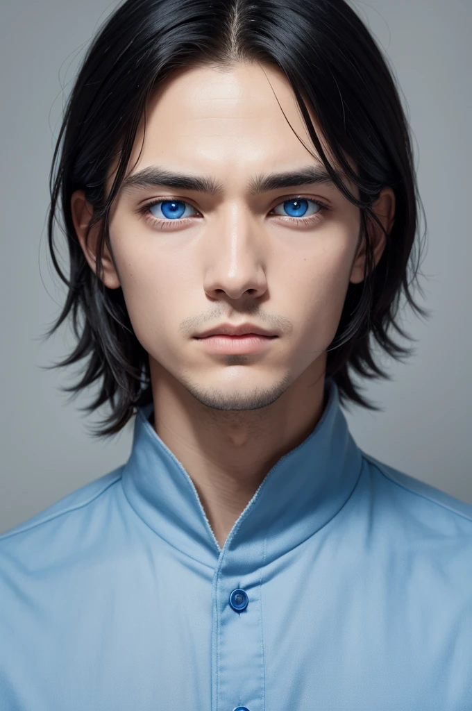 one  men, with symmetrical face, black hair and blue eyes 