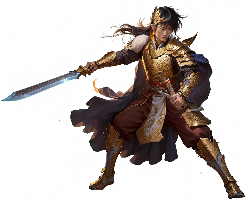 Close-up of a man holding a sword and fire, bian lian, Inspired by Huang Shen, Inspired by Li Kan, zhao yun, g liulian art style, Inspired by Yang Jin, guan yu, Inspired by Hu Zaobin, Inspired by Guillaume, Inspired by Shen Zhou, inspired by Huang Ding, Inspired by Ju Chao