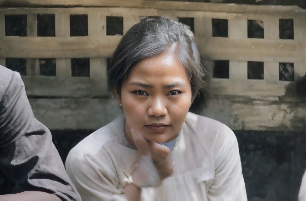 an indonesian woman, pose with hand resting on chin, vintage effect, realistic, ultra details
