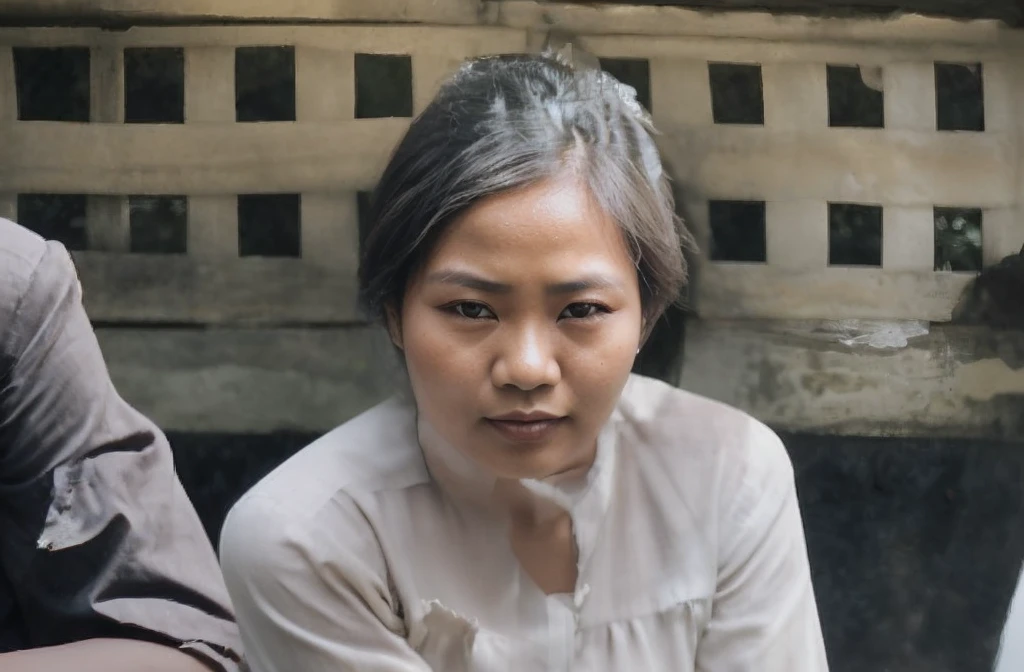 an indonesian woman, pose with hand resting on chin, vintage effect, realistic, ultra details