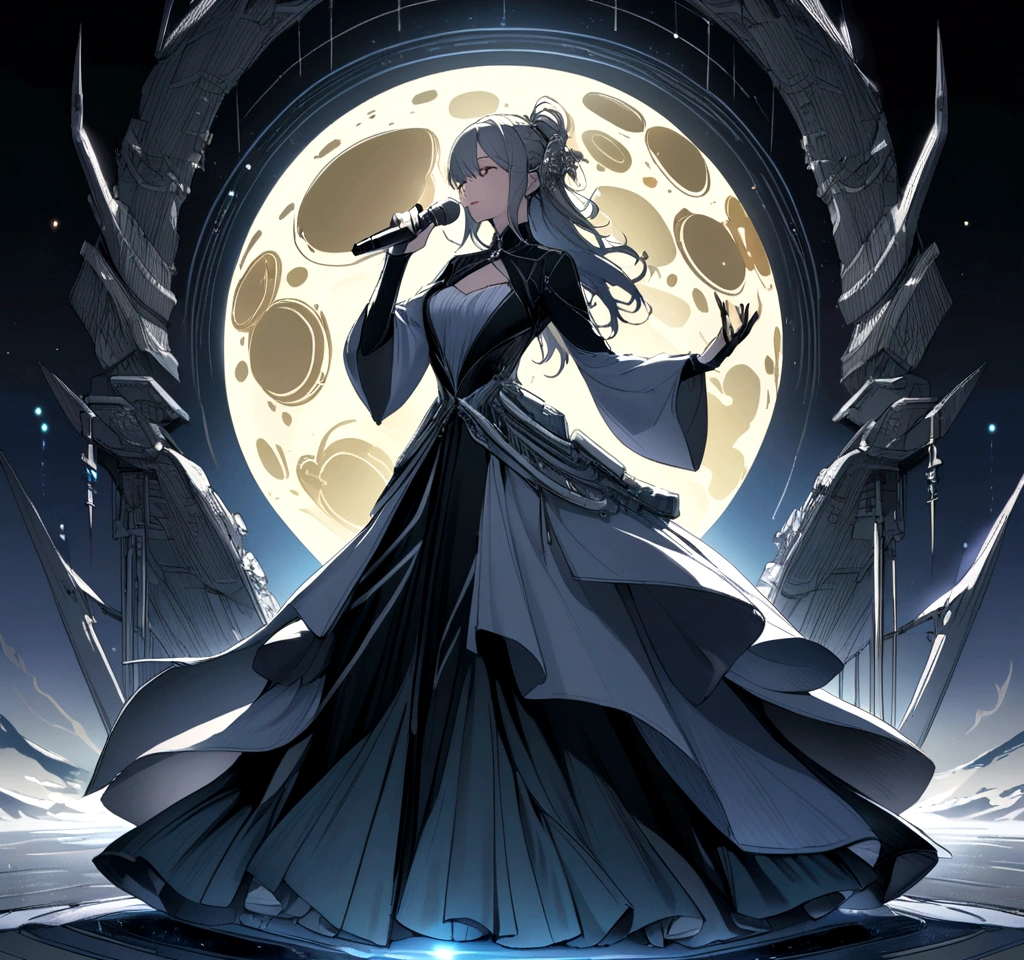 A futuristic rock band with a beautiful female singer are playing music on the moon with Earth on background