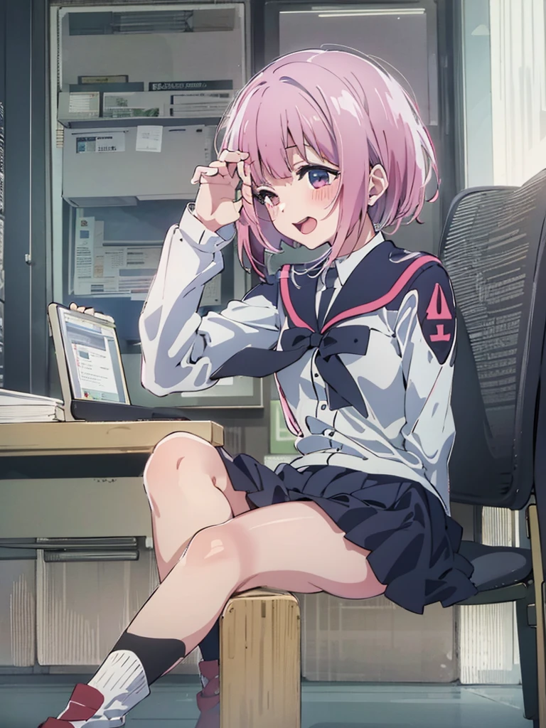 (((Anime Style,Arima Kana,1 person,uniform,classroom,Sit cross-legged at a desk,blush,Laughter,touch))),((Shooting from below,Black knee socks,Black underwear,Panty shot,Shot in close-up))