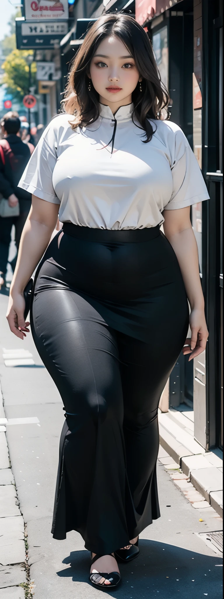 ((best quality)), ((masterpiece)), (detailed), malay woman, perfect face, araffe woman in a dark-black gamis walking down a street, thicc, she has a jiggly fat round belly, bbwchan, wearing tight simple clothes, skinny waist and thick hips, widest hips, her belly is fat and round, soft curvy shape, hyperrealistic full figure, wearing gamis , wide hips