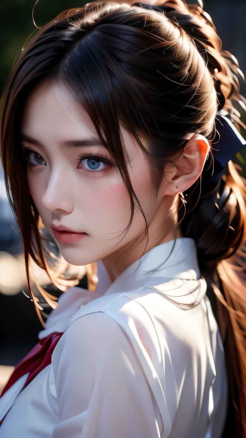 8k Portrait of a beautiful black-haired cyborg、complex、elegant、Very detailed、Majestic、Digital photography、Art by artgerm, Ruan Jia and Greg Rutkowski、Surreal painting、(White shirt and ribbon tie、Black semi-tight skirt)、Front slit、Inside the cafe、(masterpiece、Side light、Beautiful eyes in every detail: 1.2) )、Hmph、masterpiece, 最high quality, high quality, High resolution, (Portrait)、Red ribbon in hair